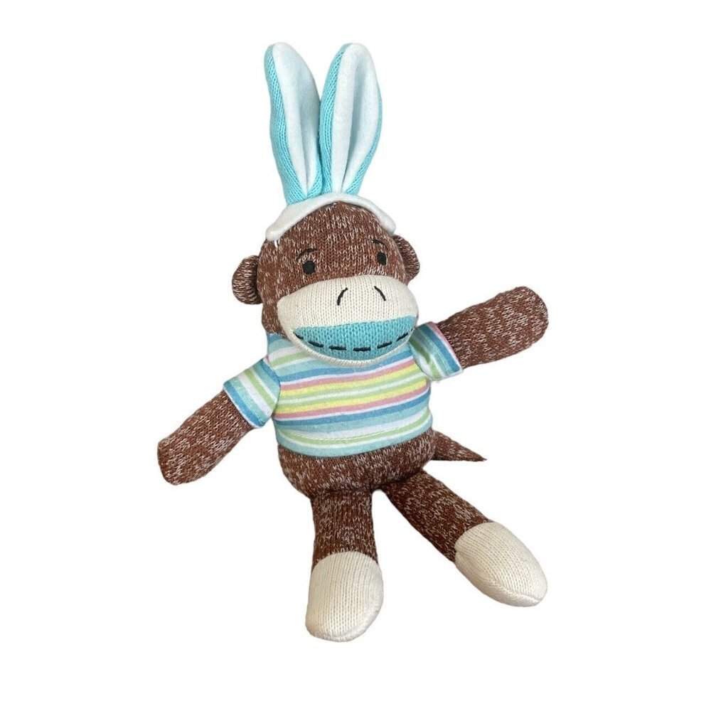 Dan Dee 12" plush sock monkey blue body striped arms legs Easter bunny ears